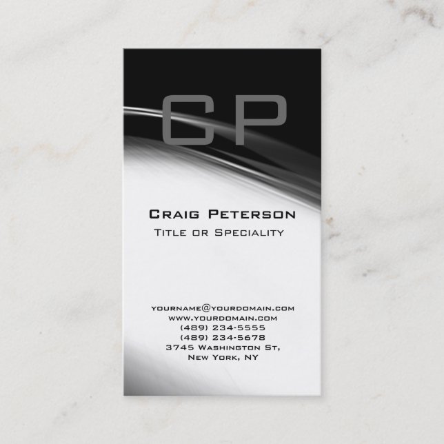 Vertical Grey Black White Monogram Business Card (Front)