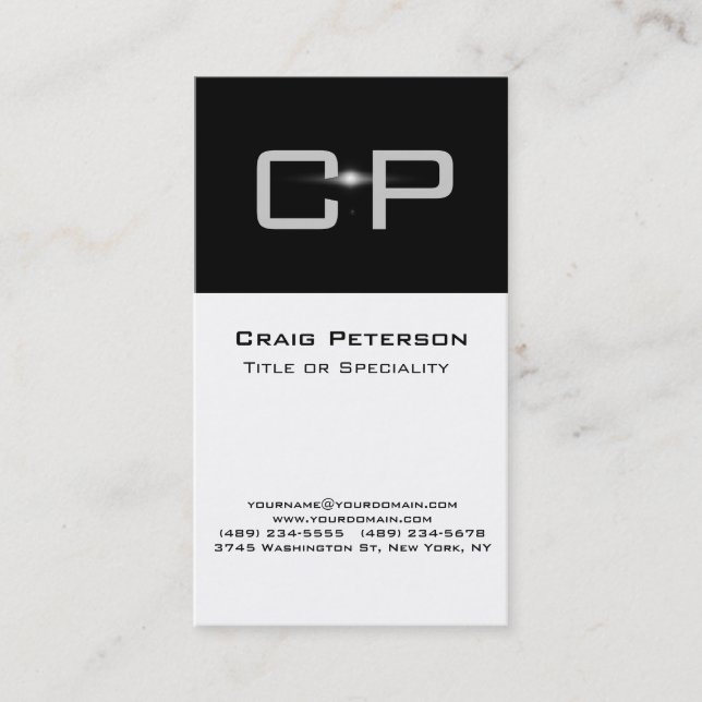 Vertical Grey Black White Monogram Business Card (Front)