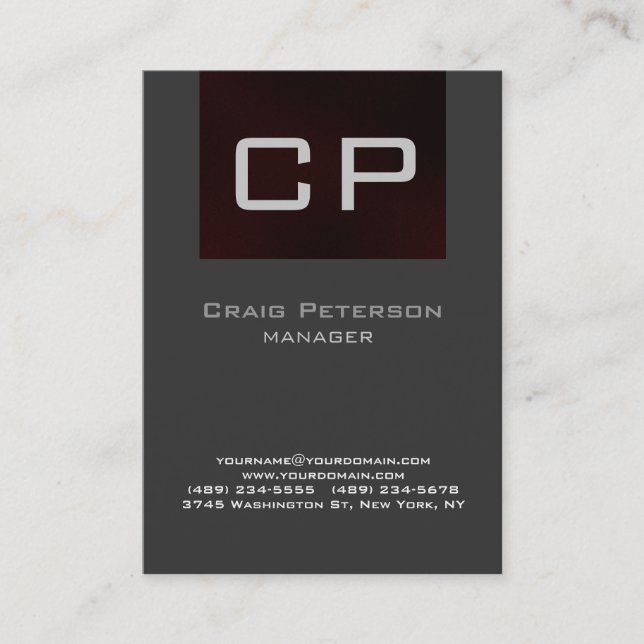 Vertical Grey Browny Red Monogram Business Card (Front)