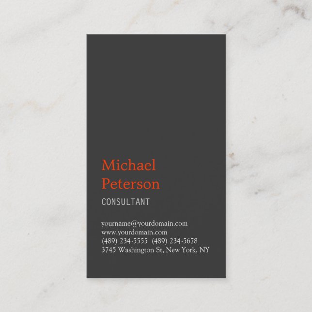 Vertical Grey Orange Consultant Business Card (Front)
