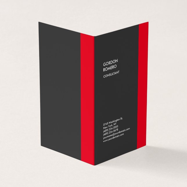 Vertical Grey Red Stripe Elegant Plain Modern Business Card (Outside)