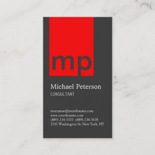 Vertical Grey Red Stripe Monogram Business Card