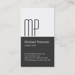 Vertical Grey White Stripe Monogram Business Card