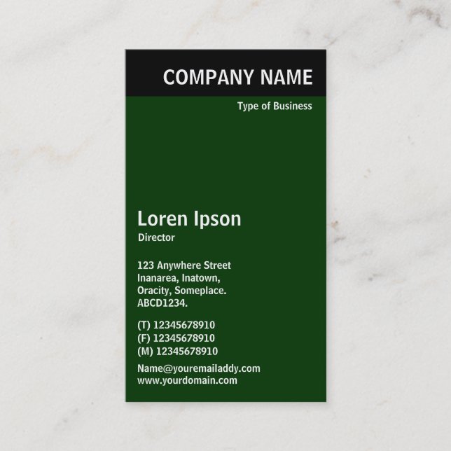 Vertical Header - Black with Dark Green 003300 Business Card (Front)