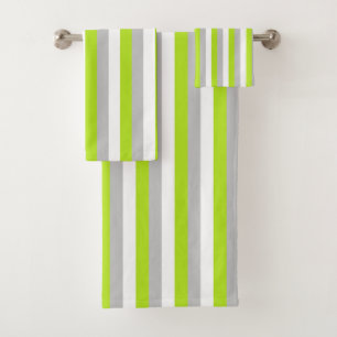 Vertical Lime Green, Silver and White Stripes Bath Towel Set