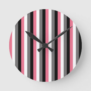 Vertical Lines Pink White Grey Black Stripes Round Clock