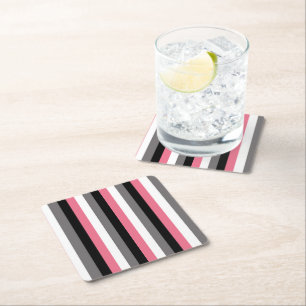 Vertical Lines Pink White Grey Black Stripes Square Paper Coaster
