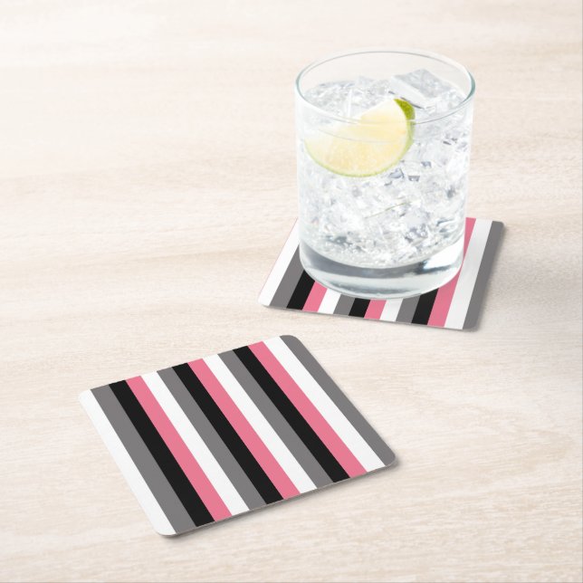 Vertical Lines Pink White Grey Black Stripes Square Paper Coaster (Insitu)