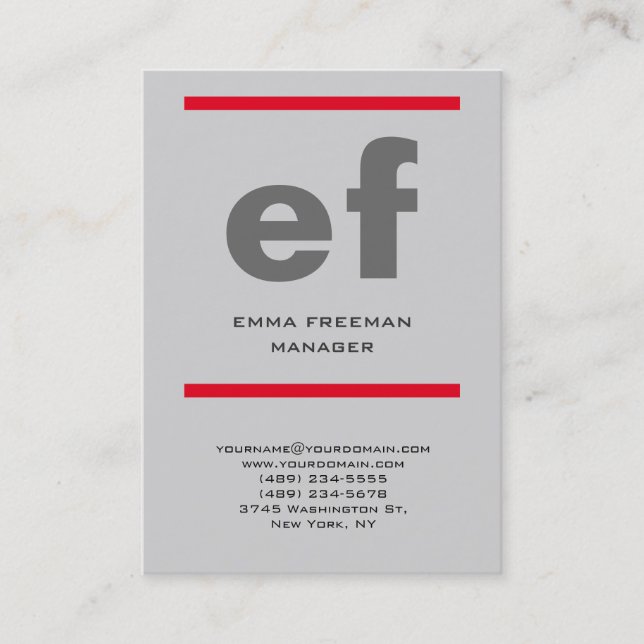 Vertical modern light grey huge monogram red lines business card (Front)