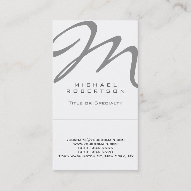 Vertical Modern Monogram White Trend Business Card (Front)
