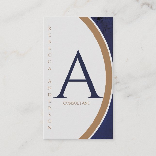 Vertical Modern Navy, Gold and White Monogram Business Card (Front)