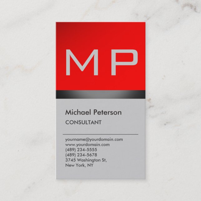 Vertical Modern Red Grey Monogram Business Card (Front)