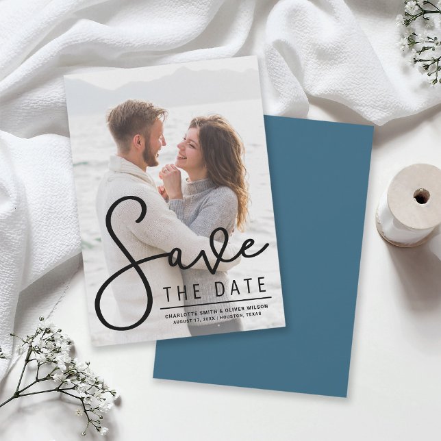 Vertical Modern Script Photo Save the Date Card (Creator Uploaded)