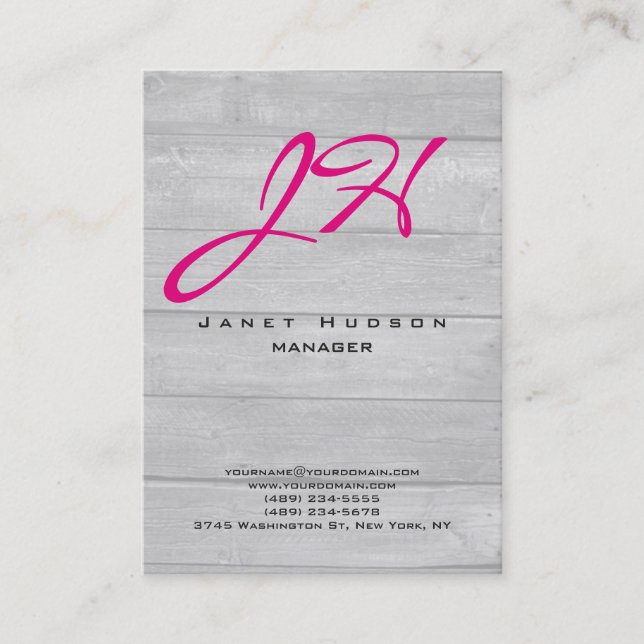 Vertical modern wood background script monogram business card (Front)