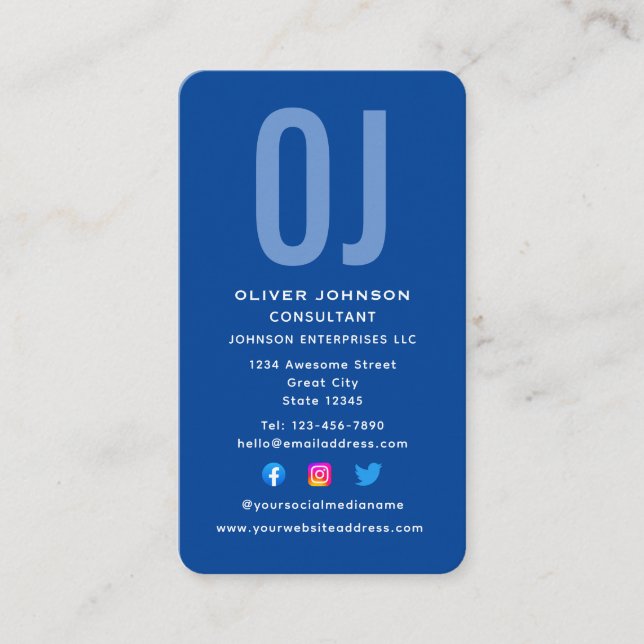 Vertical Monogram Initials Name Blue White Any Job Business Card (Front)