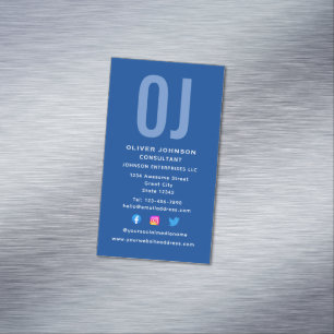 Vertical Monogram Initials Name Blue White Any Job Magnetic Business Card