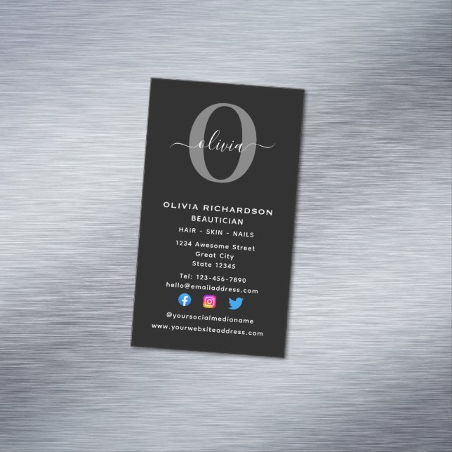 Vertical Monogram Script Name Black White Grey Magnetic Business Card (In Situ)