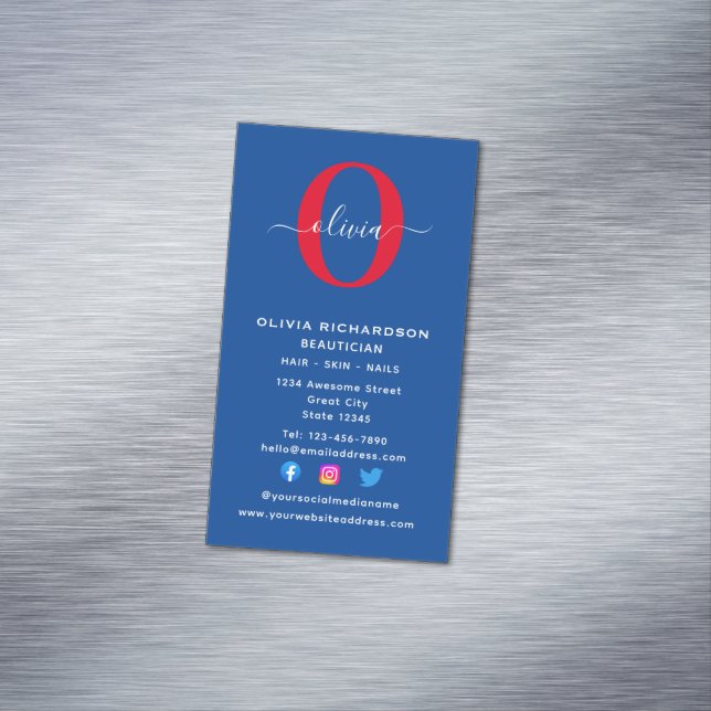 Vertical Monogram Script Name Blue White Red Magnetic Business Card (In Situ)