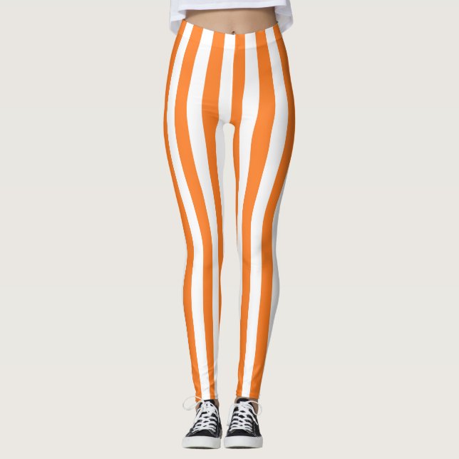 Vertical Orange and White Stripes Leggings (Front)
