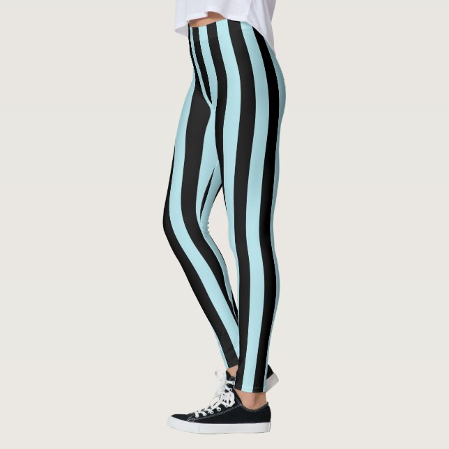 Vertical Pastel Blue and Black Stripes Leggings (Left)