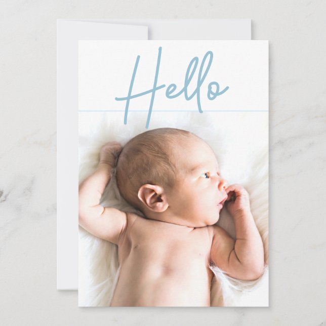 Vertical Photo Blue Hello Script Baby Boy birth Announcement (Front)