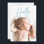 Vertical Photo Blue Hello Script Baby Boy birth Announcement<br><div class="desc">Personalized this Baby birth announcement flat card with your baby boy's photo on the front and special message on the back. The words "Hello" overlay is in a modern blue font with a thin blue line separating the photo and text. This design uses an elegant hand-drawn script font for a...</div>