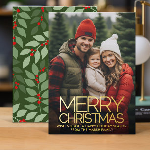 Vertical Photo botanical Merry Christmas - gold Foil Holiday Card