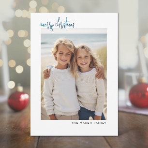 Vertical Photo - white border minimal - blue back Holiday Card