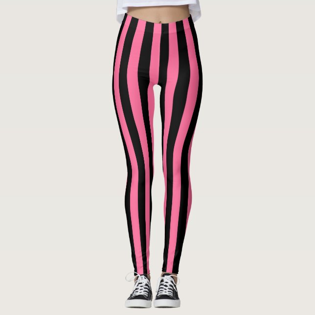 Vertical Pink and Black Stripes Leggings (Front)