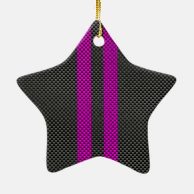 Vertical Pink Racing Stripes in Carbon Fibre Style Ceramic Ornament (Back)