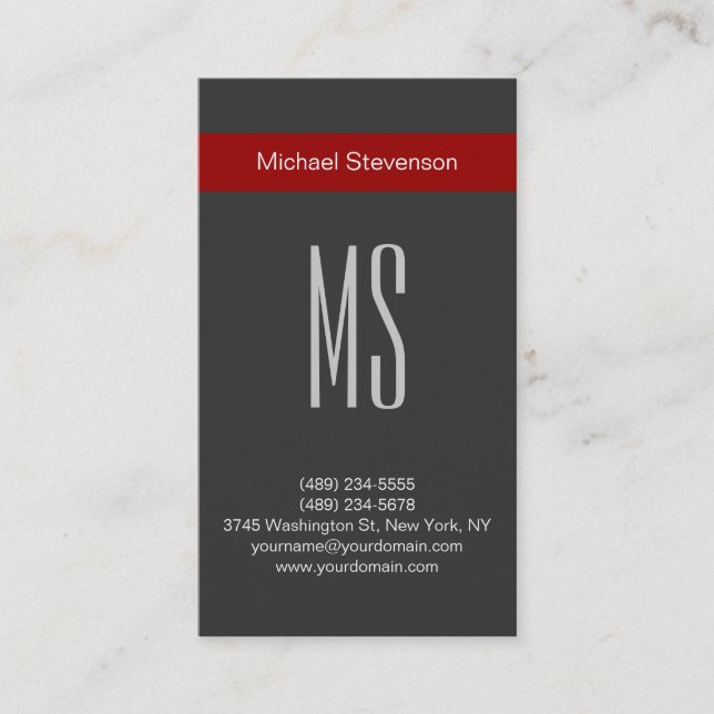 Vertical Plain Grey Monogram Red Business Card (Front)