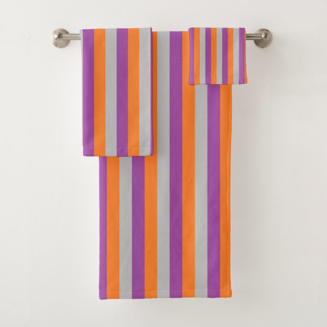 Vertical Purple, Orange and Silver Stripes Bath Towel Set (Insitu)