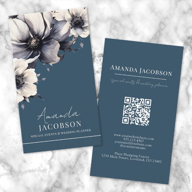 Vertical QR Code Blue Floral Elegant Professional Business Card (Vertical QR Code Blue Floral Elegant Professional Business Card)