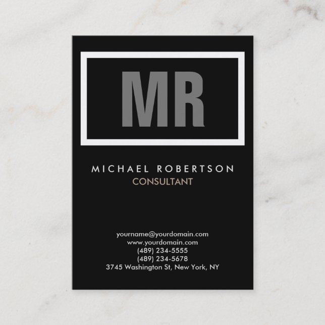 Vertical Quality Black Grey Monogram Unique Business Card (Front)