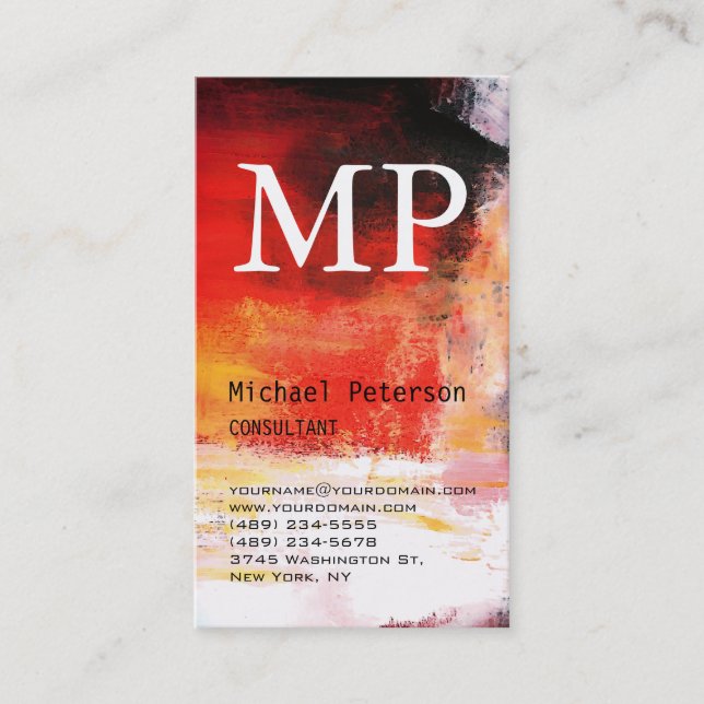 Vertical Red Abstract Monogram Business Card (Front)