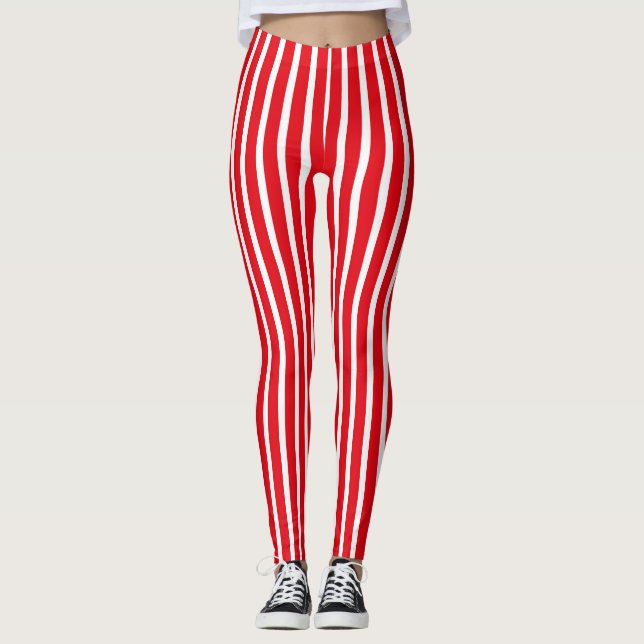 Vertical Red And White Stripe Leggings (Front)