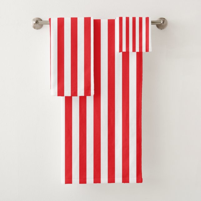 Vertical Red and White Stripes Bath Towel Set (Insitu)