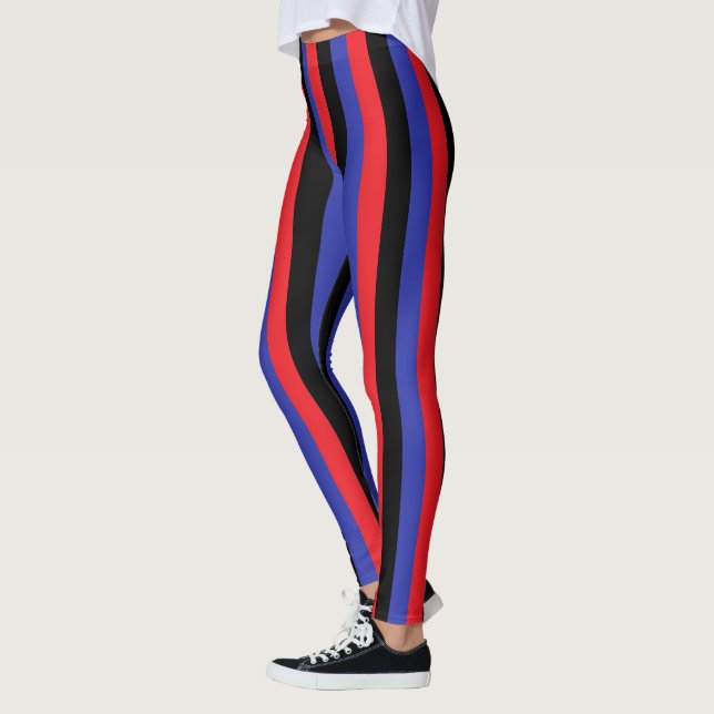 Vertical Red, Black and Blue Stripes Leggings (Left)