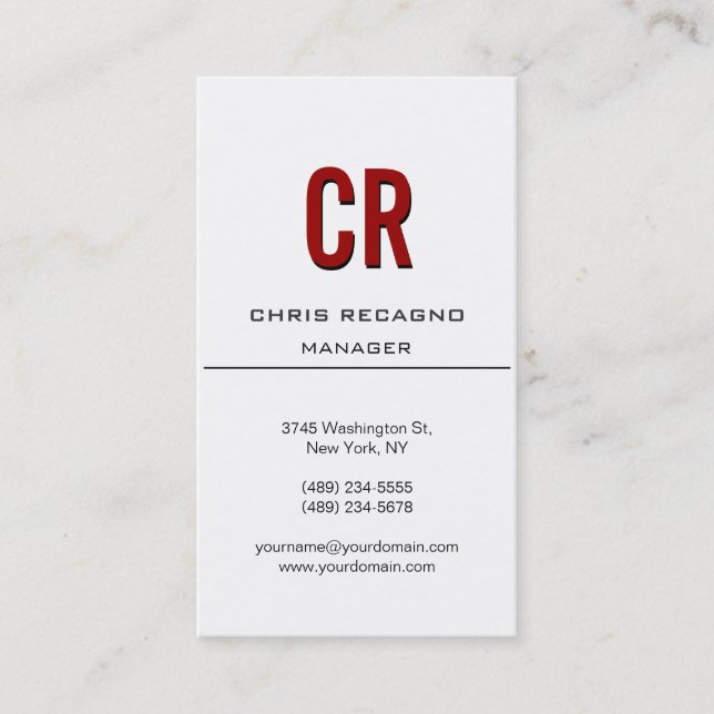 Vertical Red Black White Monogram Business Card (Front)