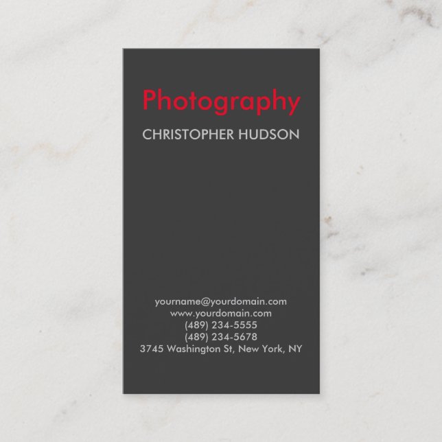 Vertical Red Grey Photography Business Card (Front)