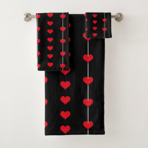 Vertical Red Heart Columns on Black Bath Towel Set