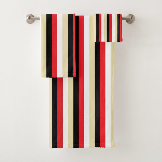 Vertical Red, White, Beige and Black Stripes Bath Towel Set (Insitu)
