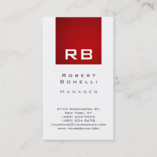 Vertical Red White Monogram Manager Business Card