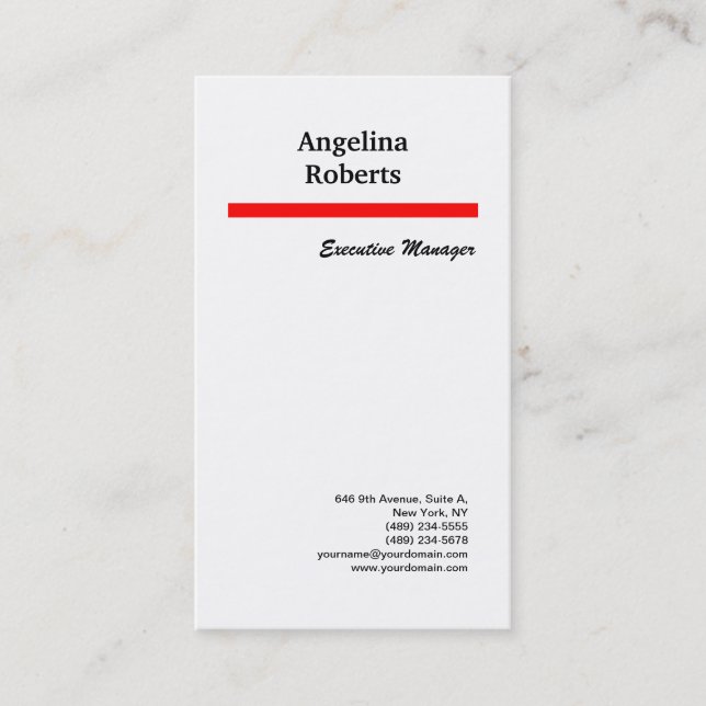 Vertical red white professional plain minimalist business card (Front)