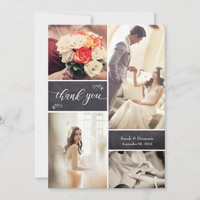 Vertical  Rustic Wedding Photo Collage Thank You Card (Front)
