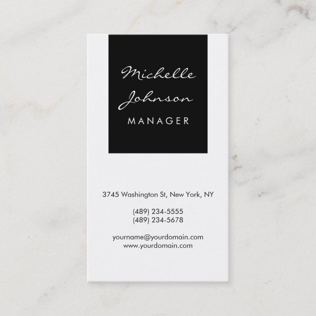 Vertical Script Black White Manager Business Card (Front)