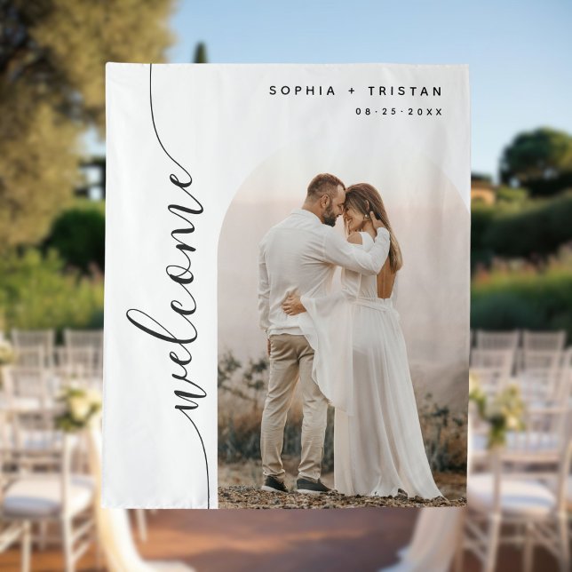 Vertical Script Photo Arch Wedding Welcome Tapestry (Creator Uploaded)