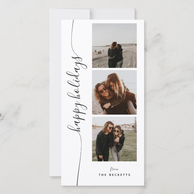 Vertical Script Photo Strip  Holiday Card (Front)
