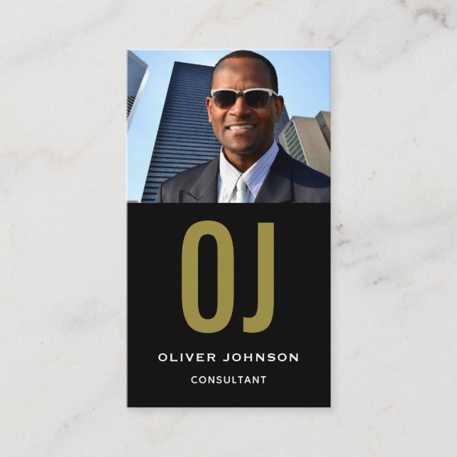 Vertical Social Media Monogram Black White Gold Business Card (Front)