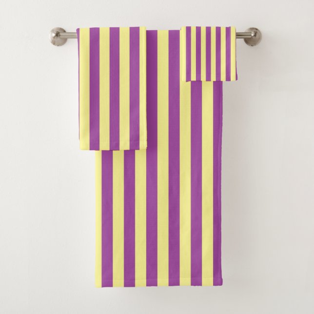 Vertical Soft Yellow and Purple Stripes Bath Towel Set (Insitu)